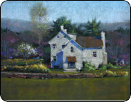 pastel panting, white farmhouse landscape
